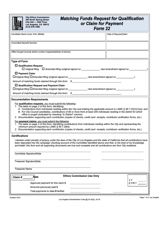 Fillable Form 22 Matching Funds Request For Qualification Or Claim For Payment Printable pdf