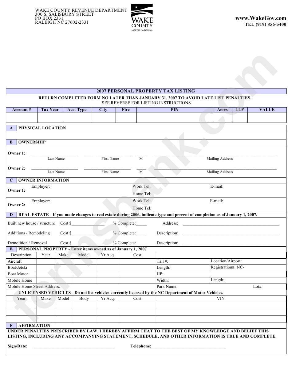 Personal Property Listing Form - Wake County Revenue Department - 2007