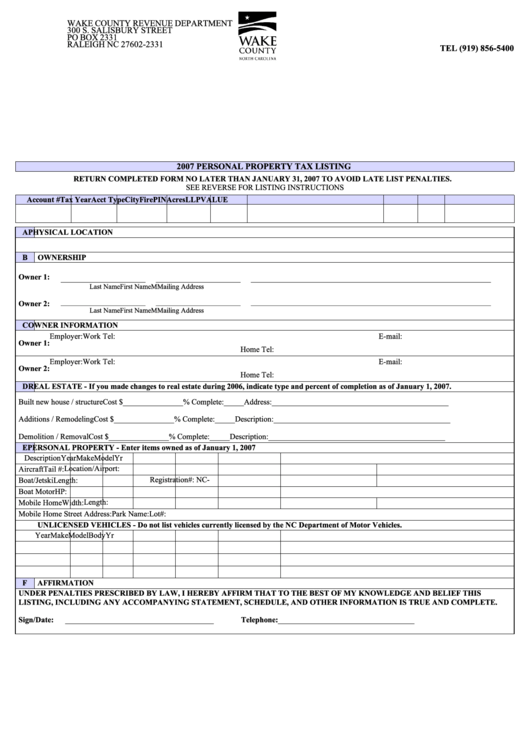 Personal Property Listing Form - Wake County Revenue Department - 2007 Printable pdf