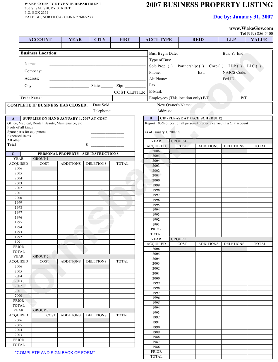 2007 Business Property Listing Form - Wake County Revenue Department