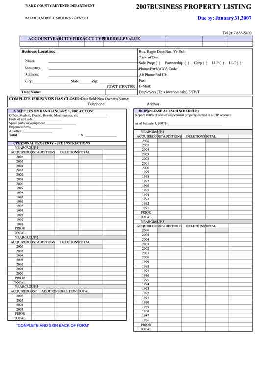 2007 Business Property Listing Form - Wake County Revenue Department Printable pdf