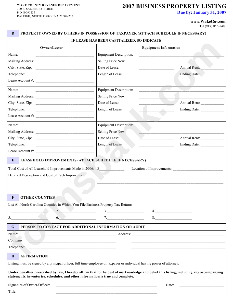 2007 Business Property Listing Form - Wake County Revenue Department