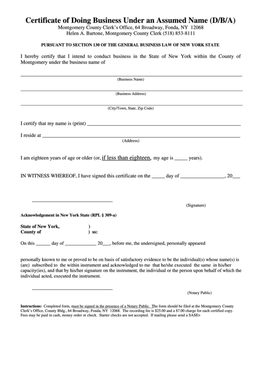 Fillable Certificate Form Of Doing Business Under An Assumed Name (D/b/a) Printable pdf
