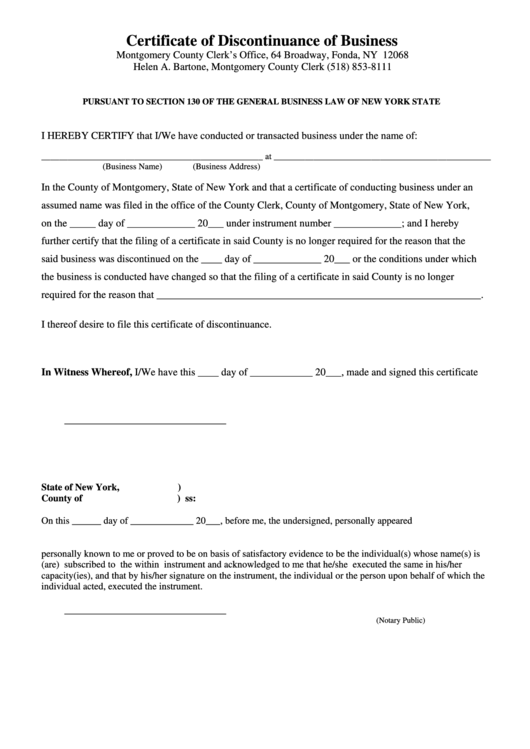 Fillable Certificate Form Of Discontinuance Of Business Printable pdf