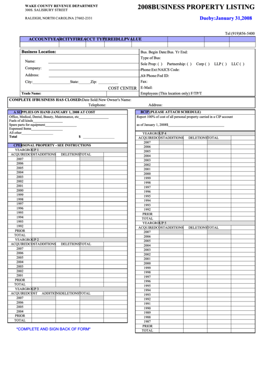 2008 Business Property Listing Form - Wake County Revenue Department Printable pdf