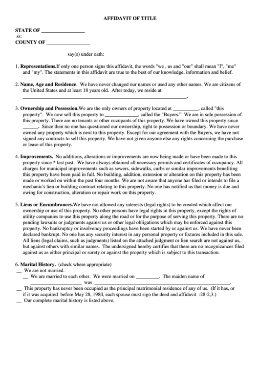 Fillable Affidavit Of Title Form Printable pdf