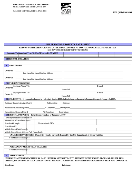 2009 Personal Property Listing Form - Wake County Revenue Department Printable pdf