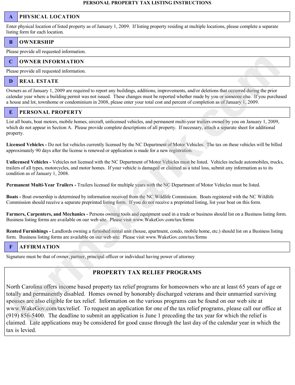 2009 Personal Property Listing Form - Wake County Revenue Department
