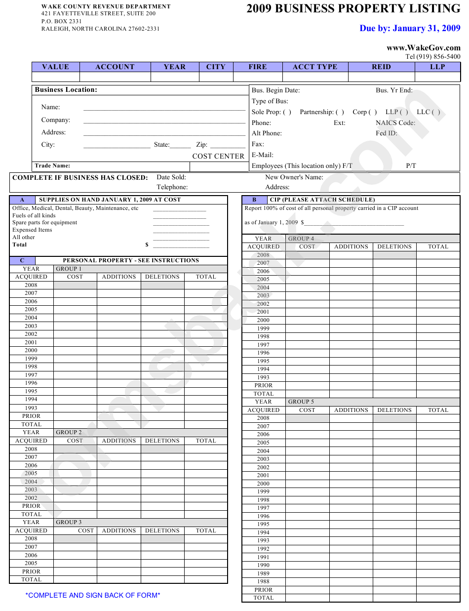 Business Property Listing Form - Wake County Revenue Department - 2009