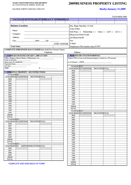 Business Property Listing Form - Wake County Revenue Department - 2009 Printable pdf