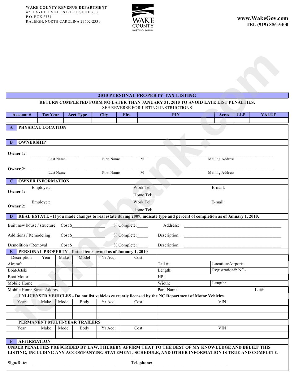 2010 Personal Property Listing Form Wake County Revenue