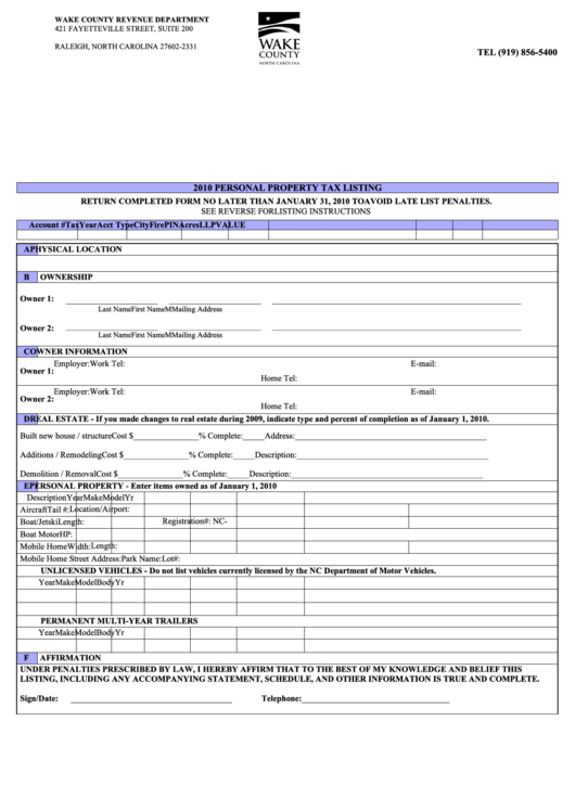 2010 Personal Property Listing Form - Wake County Revenue Department Printable pdf