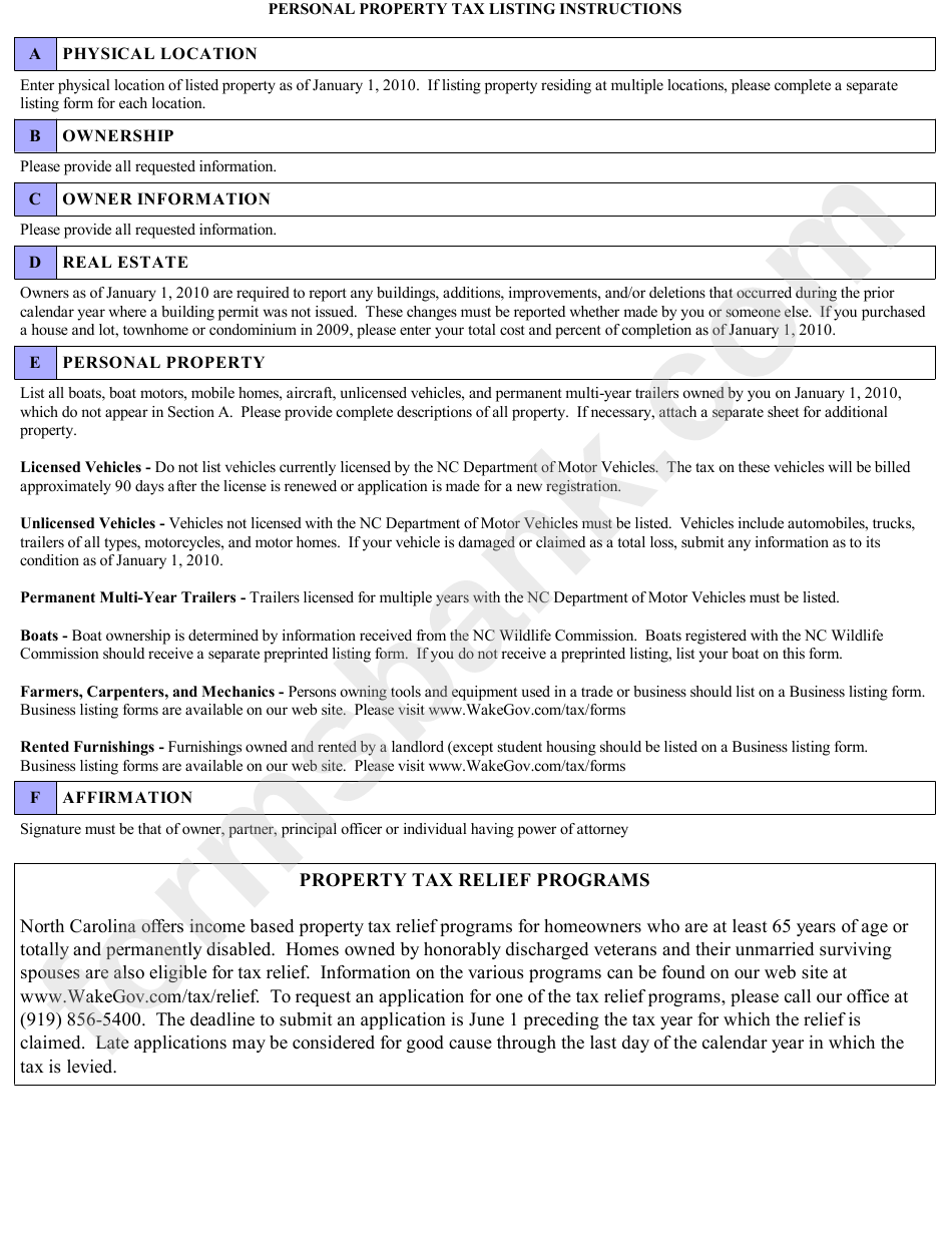 2010 Personal Property Listing Form - Wake County Revenue Department