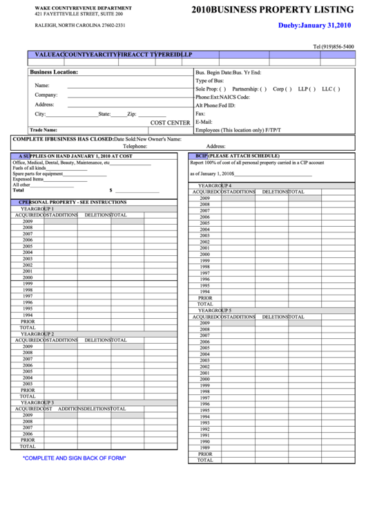 Business Property Listing Form - Wake County Revenue Department - 2010 Printable pdf