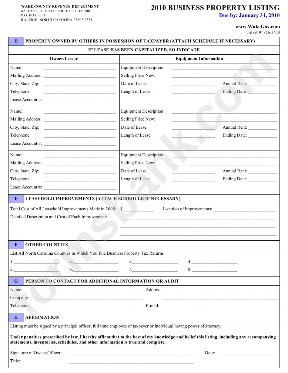 Business Property Listing Form - Wake County Revenue Department - 2010