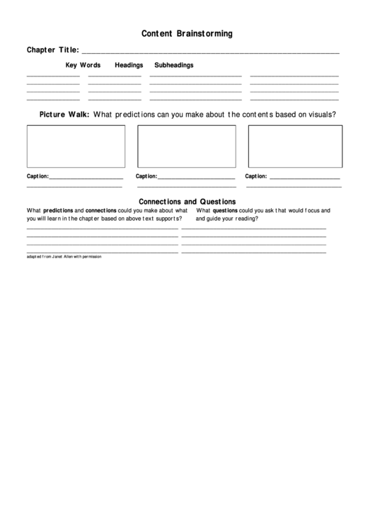 Content Brainstorming Homework Sheet Printable pdf