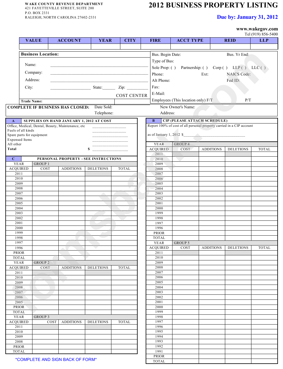 Business Property Listing Form - Wake County Revenue Department - 2012