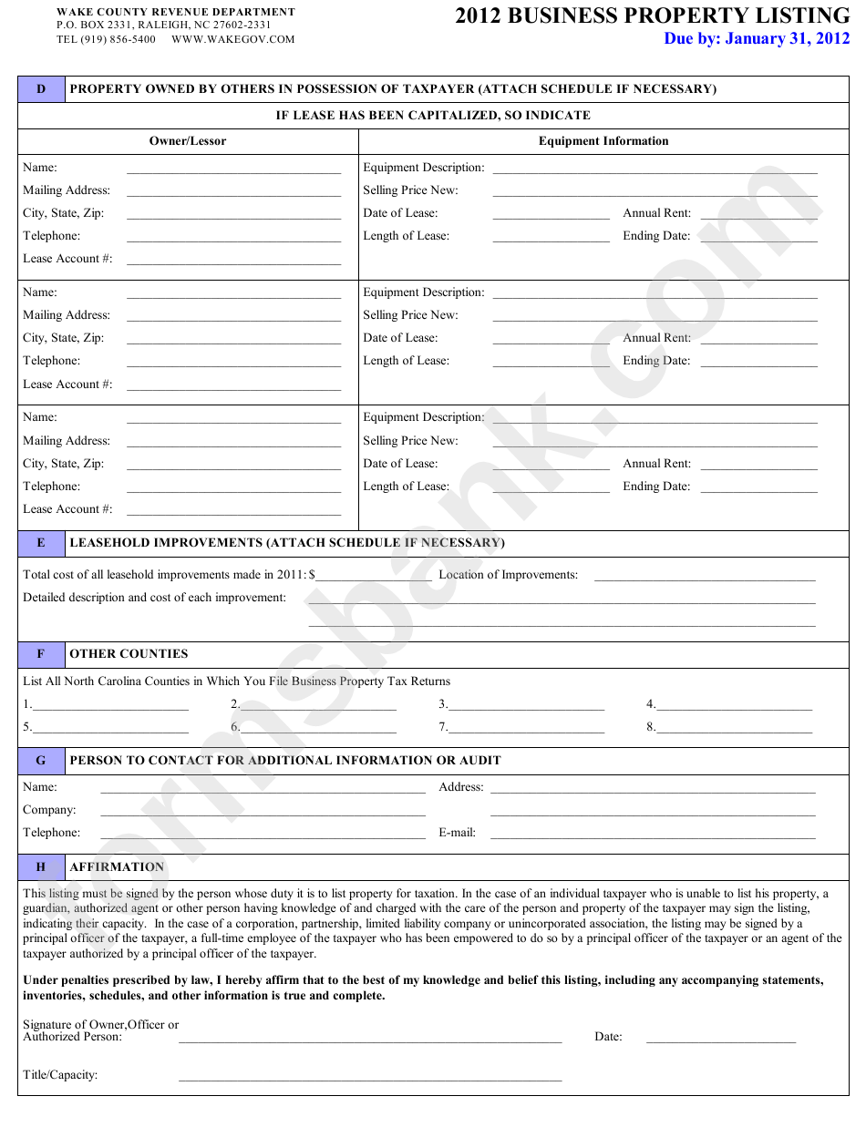 Business Property Listing Form - Wake County Revenue Department - 2012