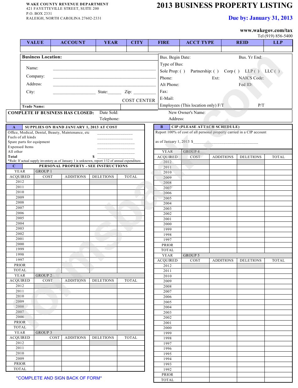 2013 Business Property Listing Form - Wake County Revenue Department