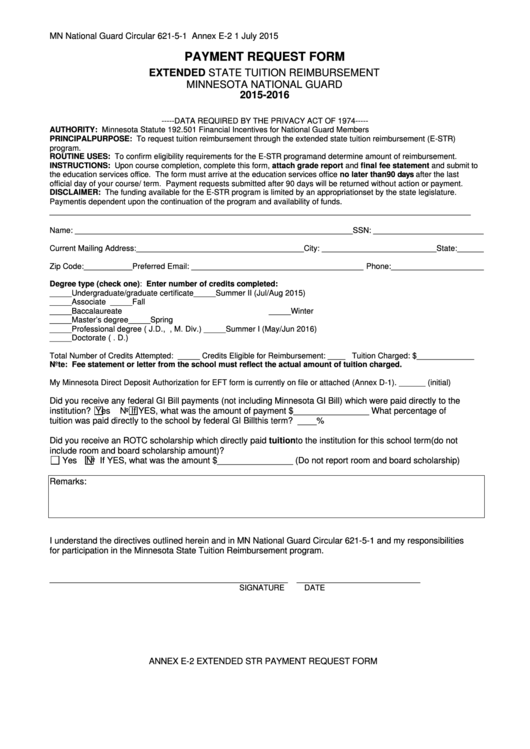 Fillable Form Annex E-2 - Payment Request Form - 2015-2016 Printable pdf