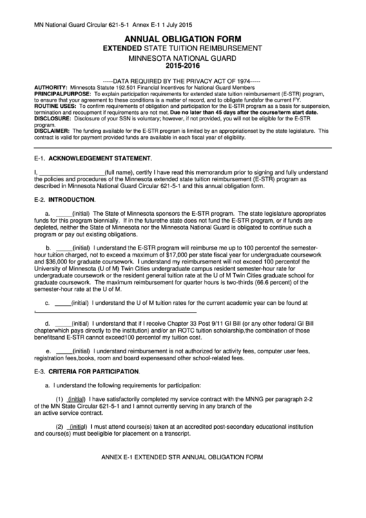 Fillable Form Annex E-1 - Obligation Request Form - 2015-2016 Printable pdf