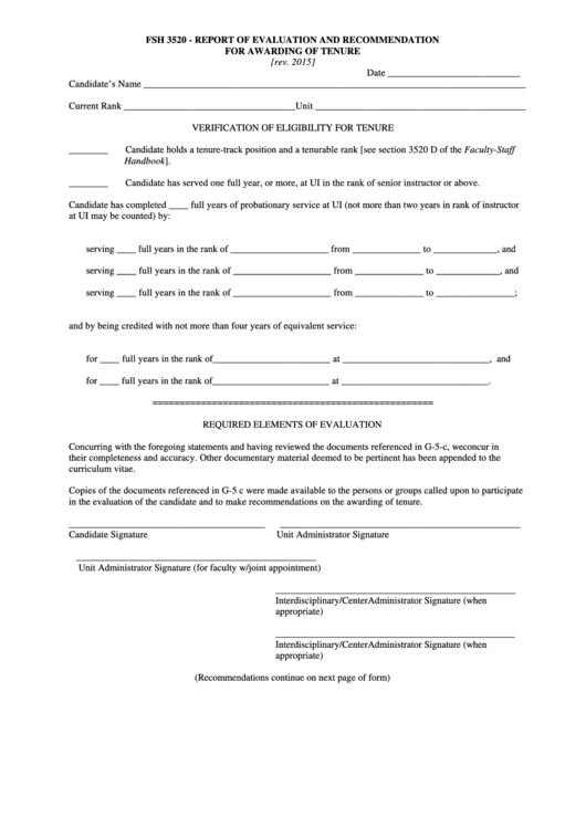 Report Form Of Evaluation And Recommendation For Awarding Of Tenure - University Of Idaho Printable pdf