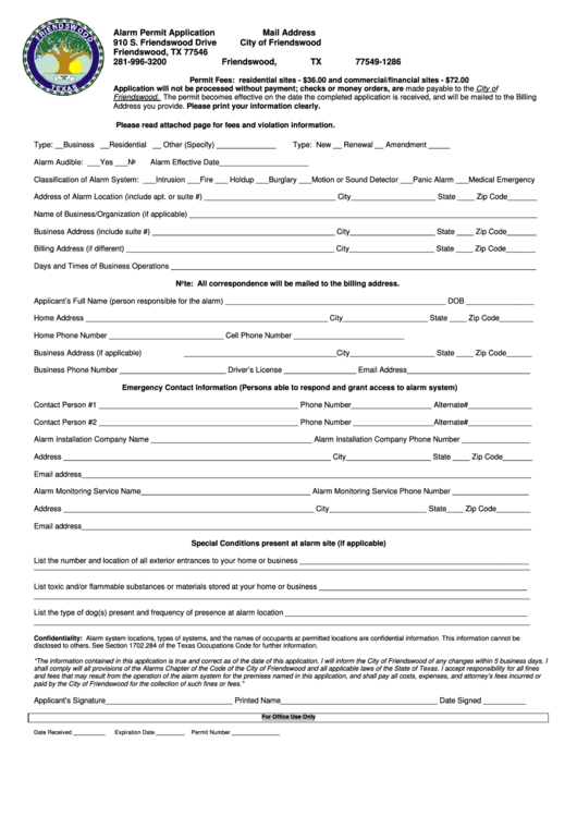 Alarm Permit Application Form Printable pdf