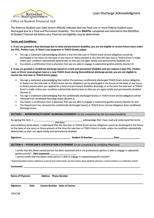 Loan Discharge Acknowledgment Form - Kennesaw State University Printable pdf