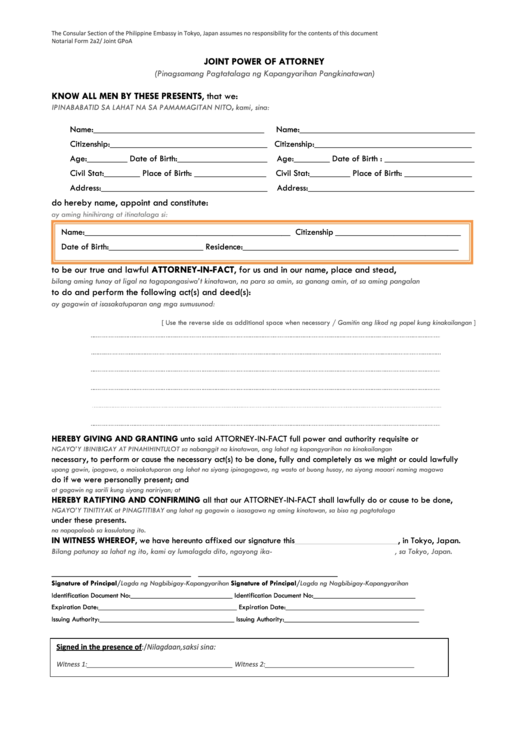 Joint Power Of Attorney Form printable pdf download