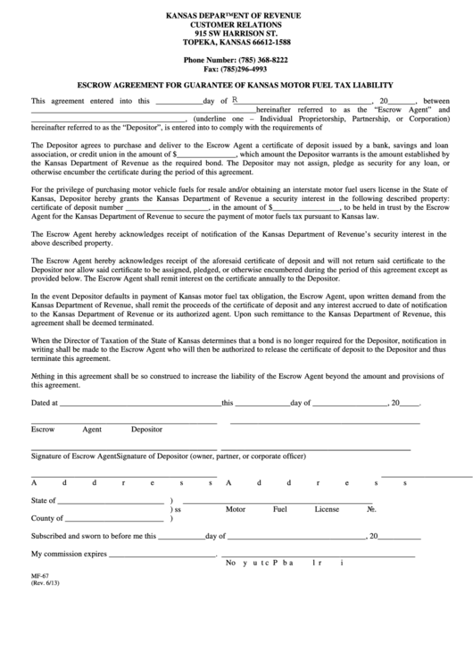 Fillable Form Mf-67 - Escrow Agreement For Guarantee Of Kansas Motor Fuel Tax Liability - Kansas Department Of Revenue Customer Relations Printable pdf