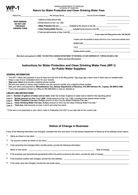 Fillable Form Wp-1 - Return For Water Protection And Clean Drinking Water Fees Printable pdf