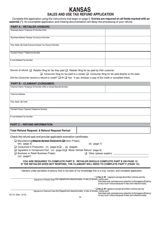 Fillable Form St-21 - Sales And Use Tax Refund Application - 2015 Printable pdf