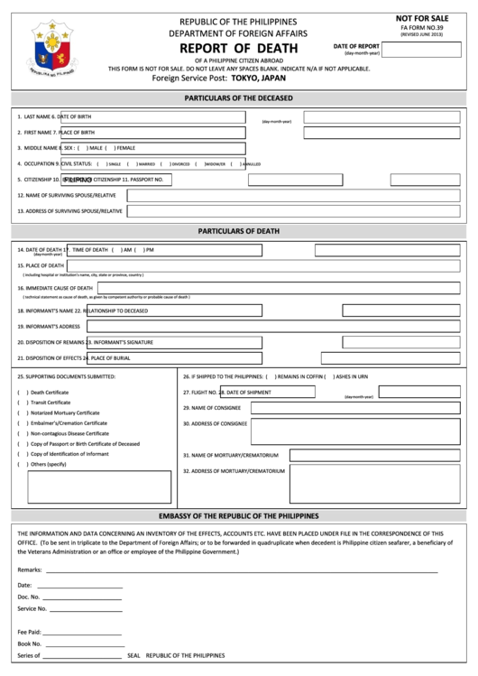 Fillable Report Of Death Form - Republic Of The Philippines Department Of Foreign Affairs Printable pdf
