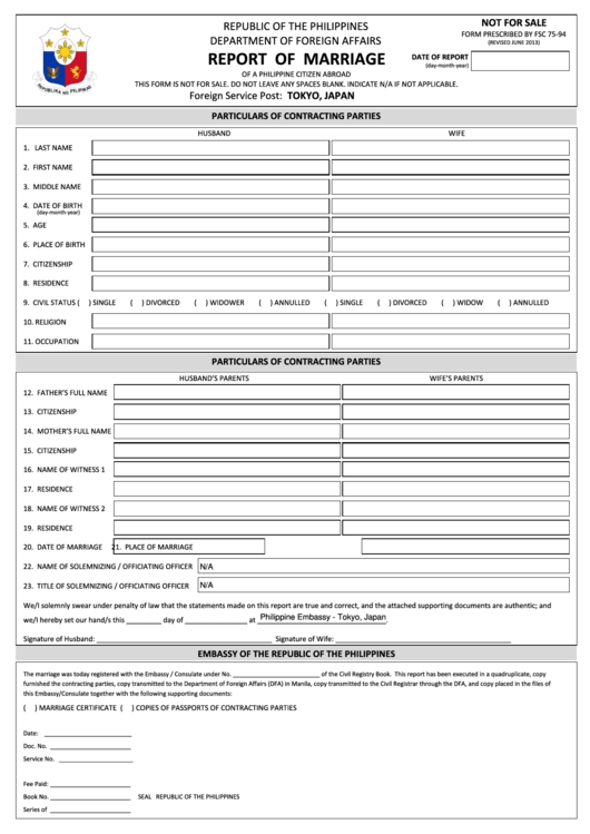 Fillable Report Of Marriage - Republic Of The Philippines Department Of Foreign Affairs Printable pdf