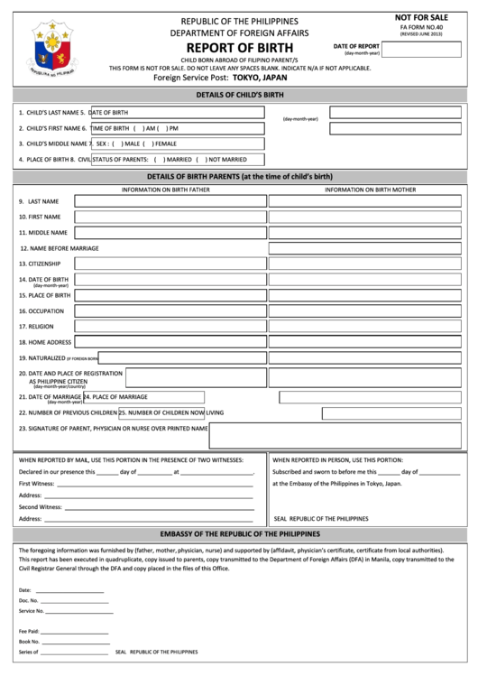 Fillable Report Of Birth Form - Republic Of The Philippines Department Of Foreign Affairs Printable pdf