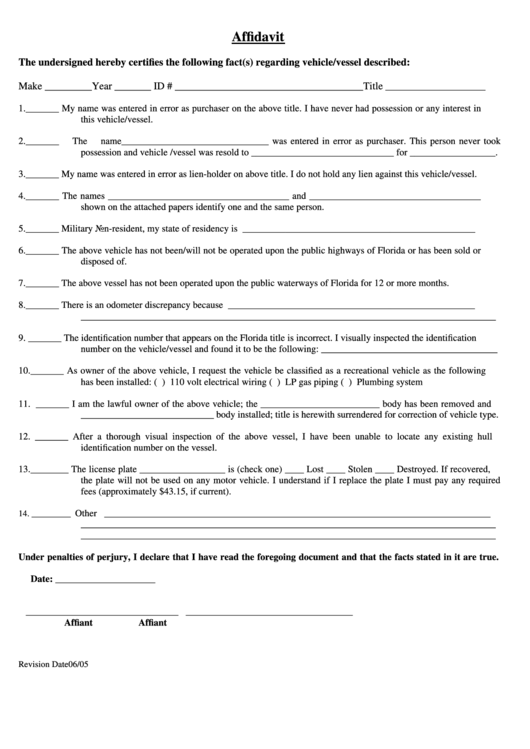 Fillable General Affidavit For Mv Form Printable pdf