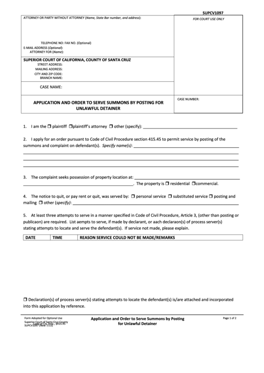 Form Supcv1097 - Application And Order To Serve Summons By Posting For Unlawful Detainer
