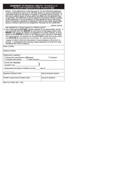 State Form 39531 - Agreement Of Financial Liability - Indiana Printable pdf