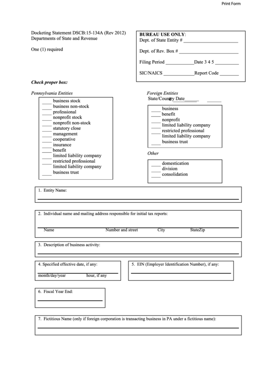 Fillable Form Dscb:15-134a - Docketing Statement - Departments Of State And Revenue Printable pdf