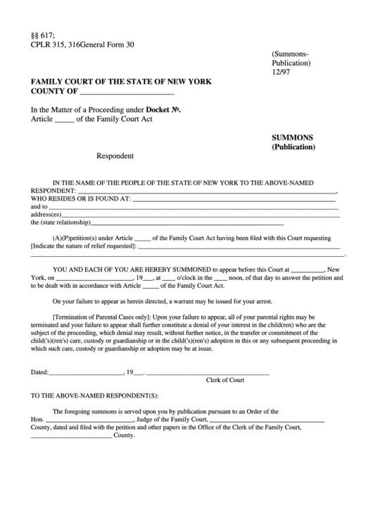 General Form 30 - Summons - Family Court Of New York Printable pdf
