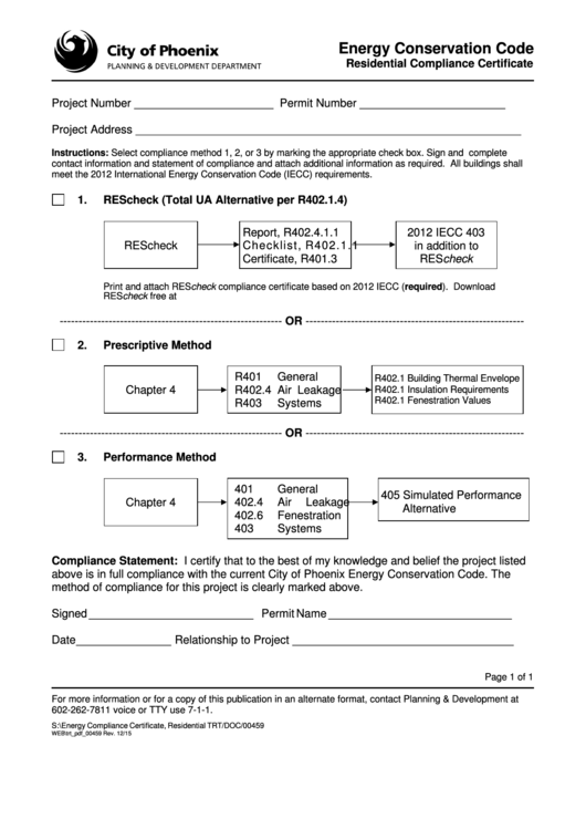 Residential Compliance Certificate Form - Energy Conservation Code - City Of Phoenix, Planning & Development Department Printable pdf
