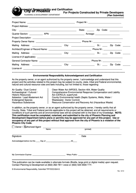 Fillable Environmental Responsibility And Certification Form - City Of Phoenix, Planning & Development Department Printable pdf