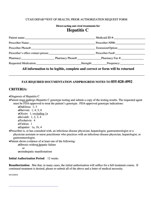 Prior Authorization Request Form - Hepatitis C - Utah Department Of Health Printable pdf