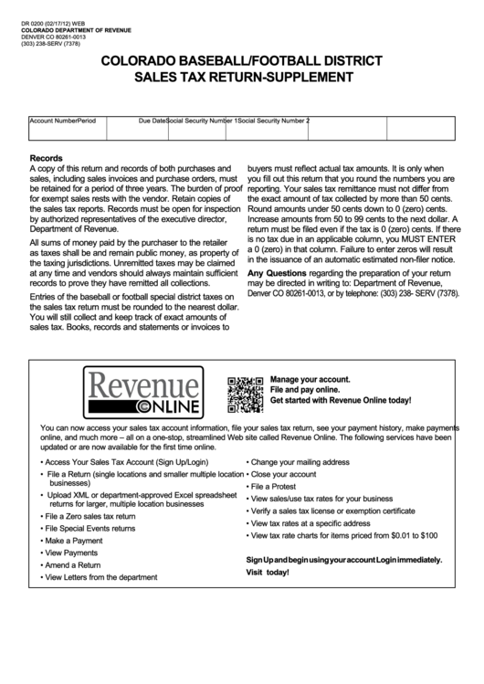 Form Dr 0200 - Colorado Baseball/football District Sales Tax Return-Supplement Printable pdf