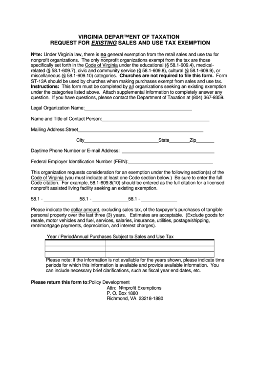 Request For Existing Sales And Use Tax Exemption Form Printable pdf
