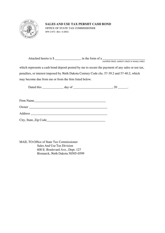 Fillable Form Sfn 21872 - Sales And Use Tax Permit Cash Bond Printable pdf