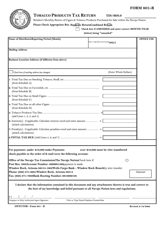 Form 801-R - Tobacco Products Tax Return Form Printable pdf