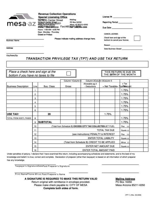 Fillable Form Tpt-1 - Tax Return Form - City Of Mesa Printable pdf