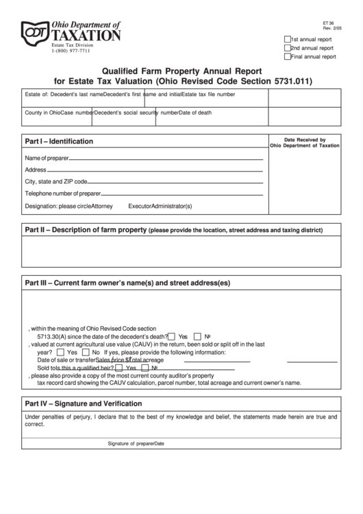 Fillable Form Et 36 - Qualified Farm Property Annual Report Form For Estate Tax Valuation - 2005 Printable pdf