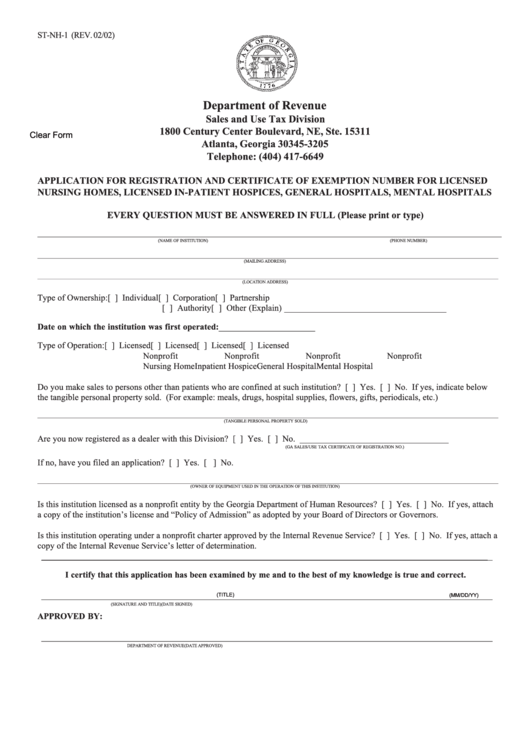 Fillable Form St-Nh-1 - Application For Registration And Certificate Of Exemption Number For Licensed Nursing Homes, Licensed In-Patient Hospices, General Hospitals, Mental Hospitals Printable pdf